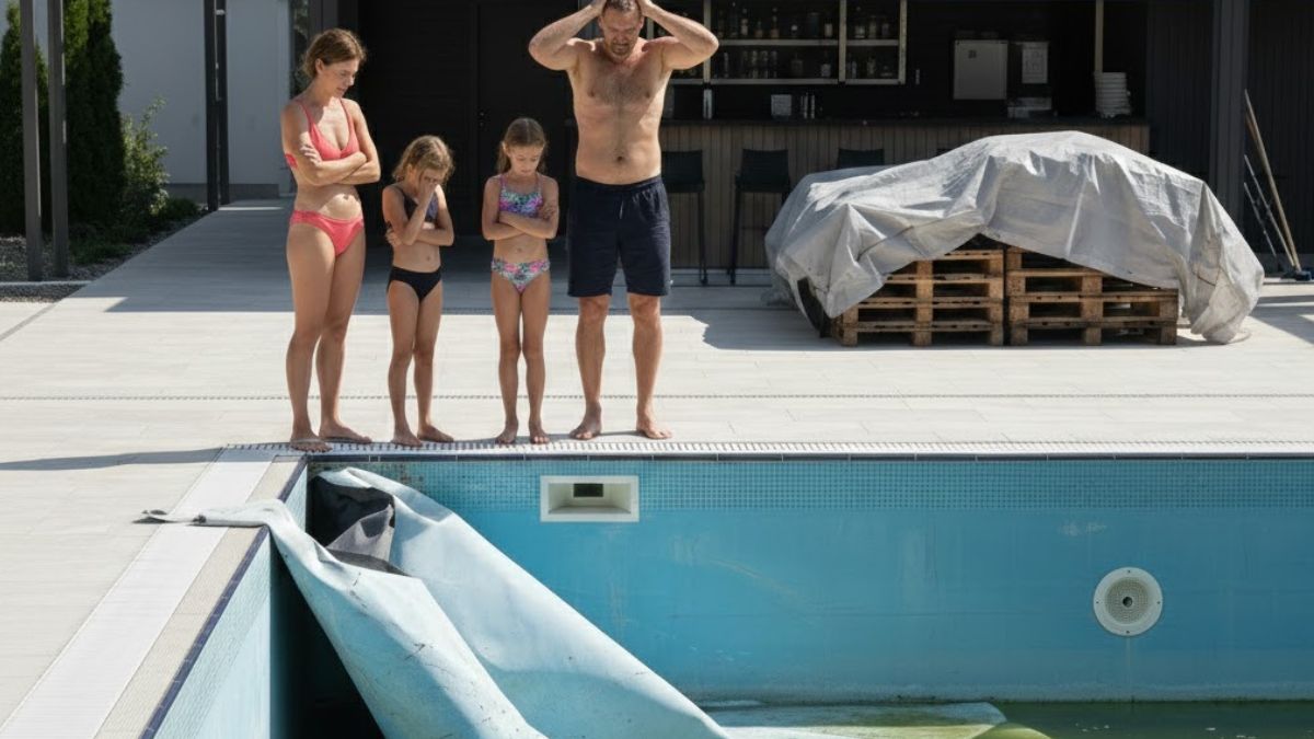 Medence felújítás Budapest: levált medencefólia és algás, zöld víz miatt fürdésre alkalmatlan családi medence