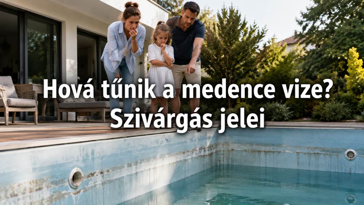 Hova tűnik a medence vize? A medenceszivárgás jelei Aggódó család egy alacsony vízszintű kerti medence mellett, ahol a medence falán látszanak a szivárgás és vízveszteség jelei.